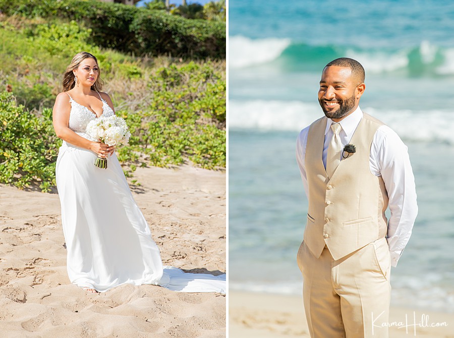 groom sees bride for the first time during a maui beach wedding 