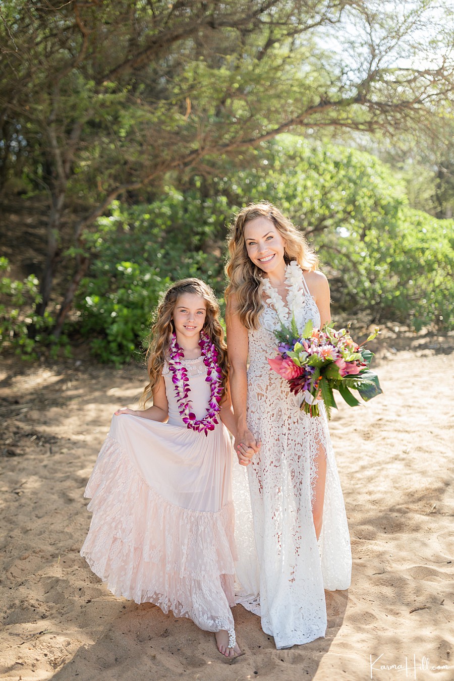 mother and daughter at maui beach wedding