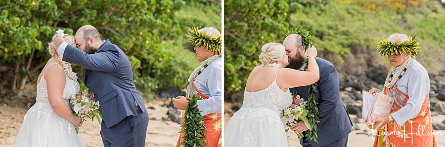 bride and groom exchanging lei at maui beach wedding