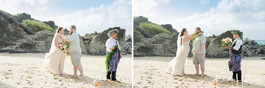groom and bride exchanging lei hawaii wedding