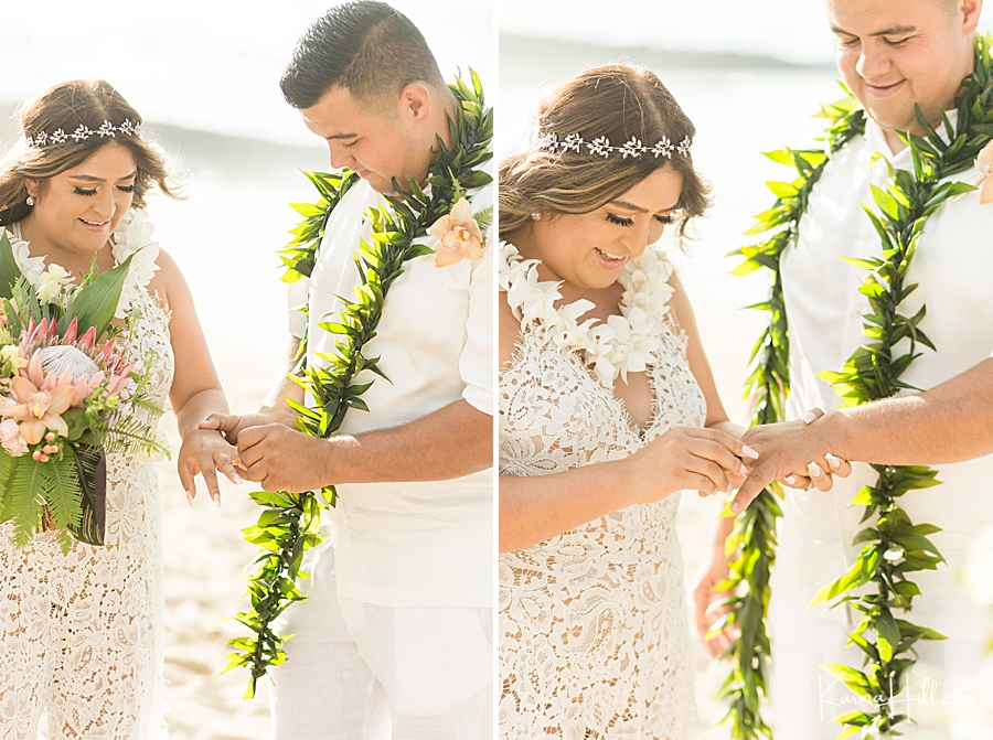 bride and groom exchanging ring at maui wedding