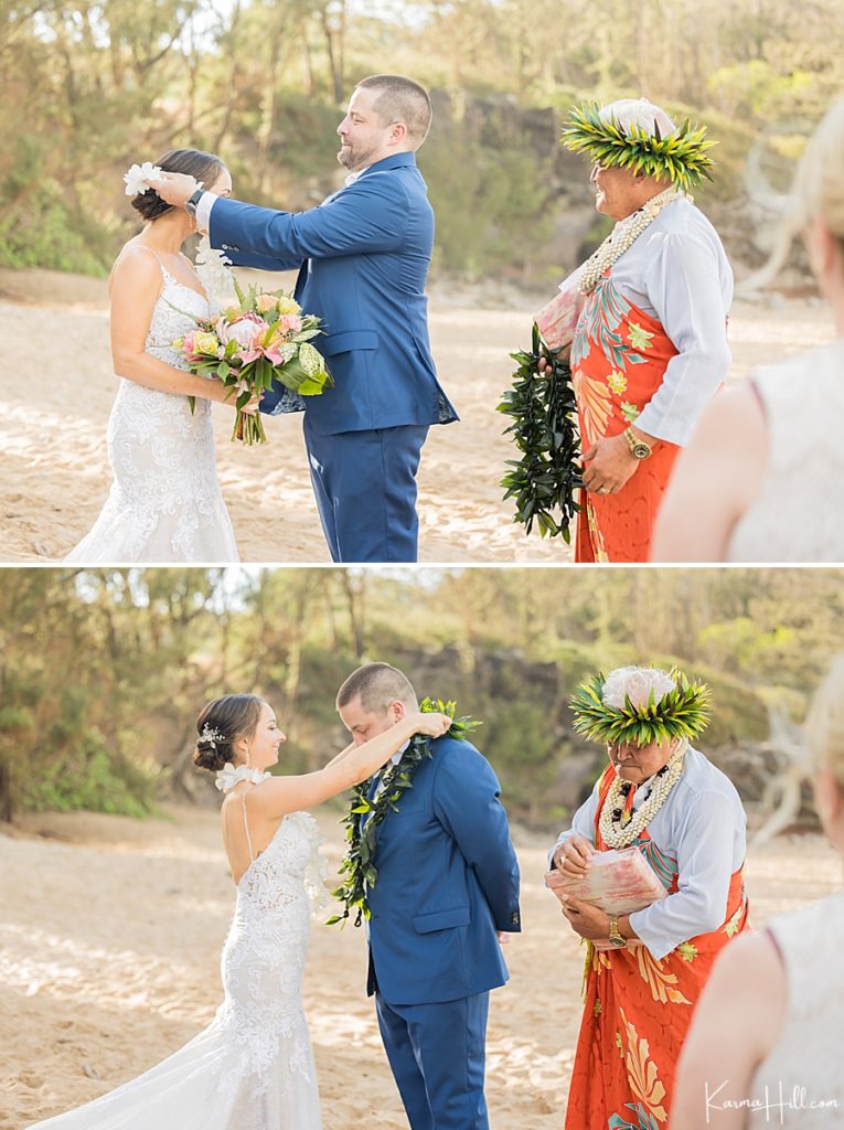 bride and groom exchanging leis at wedding