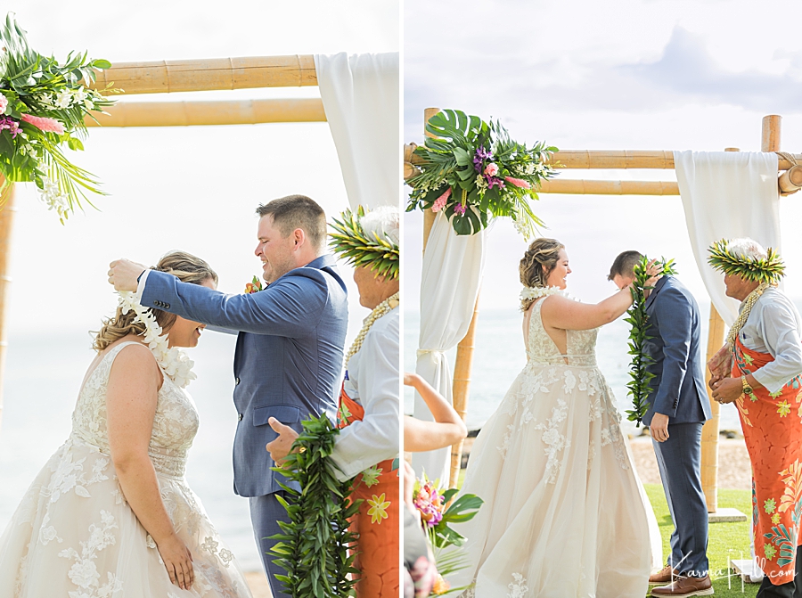 bride and groom exchanging leis at maui wedding
