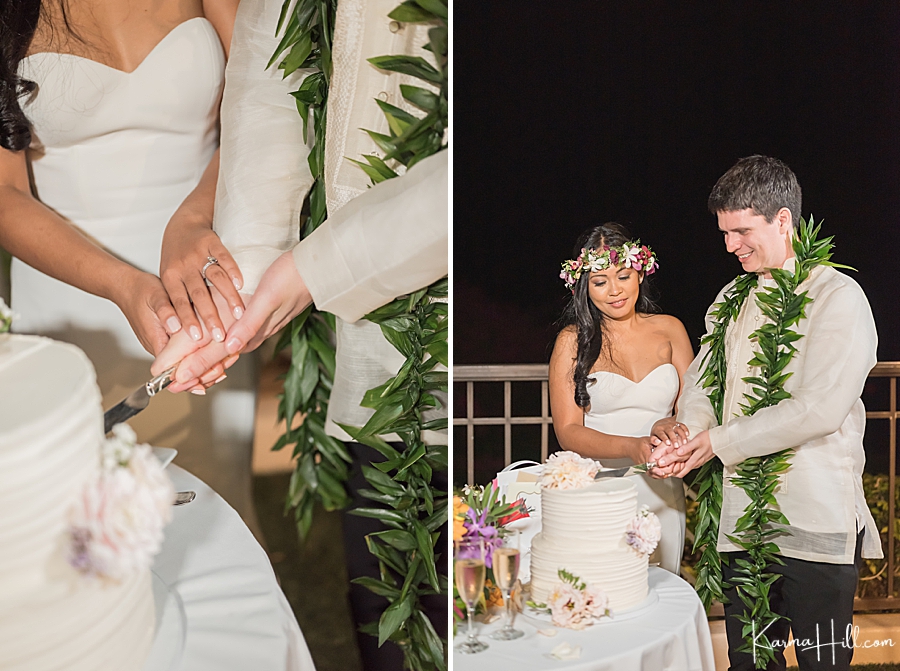 brid and groom cutting cake at hawaii wedding reception