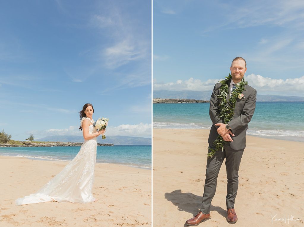 bride and groom looks for beach wedding