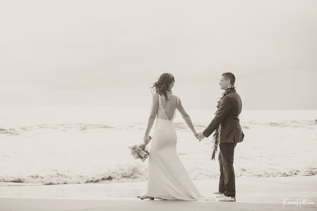 black and white beach wedding photography