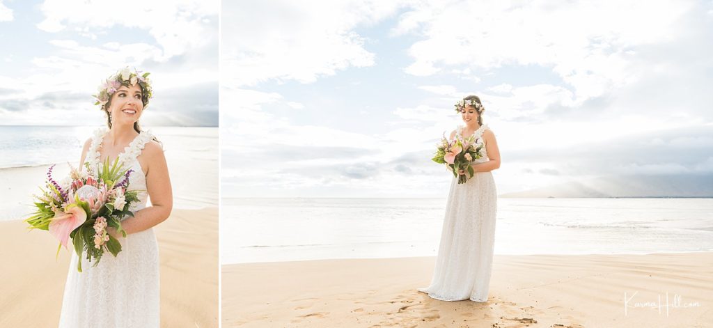 Maui Elopement Bride with Flower Crown and Tropical bouquet