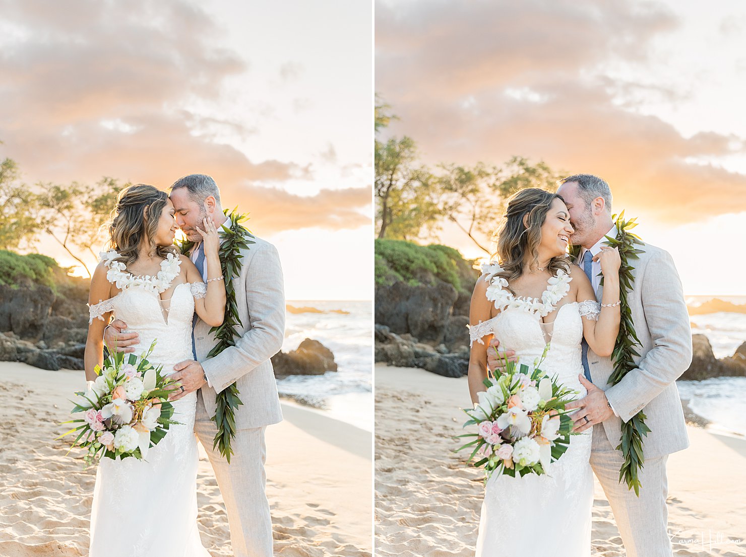 newlyweds on beach at sunset 