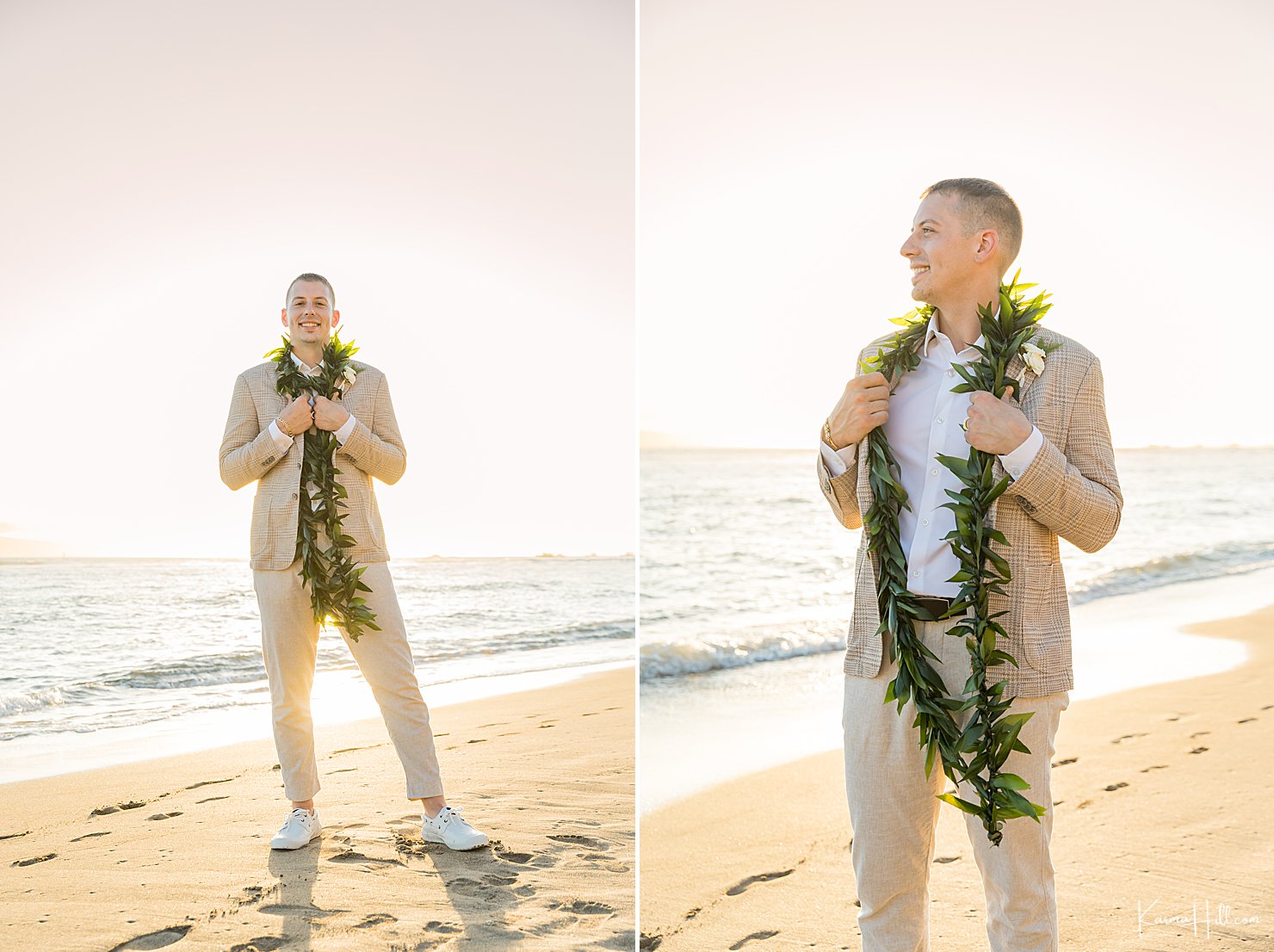 Groom at a sunset wedding on the beach in Maui