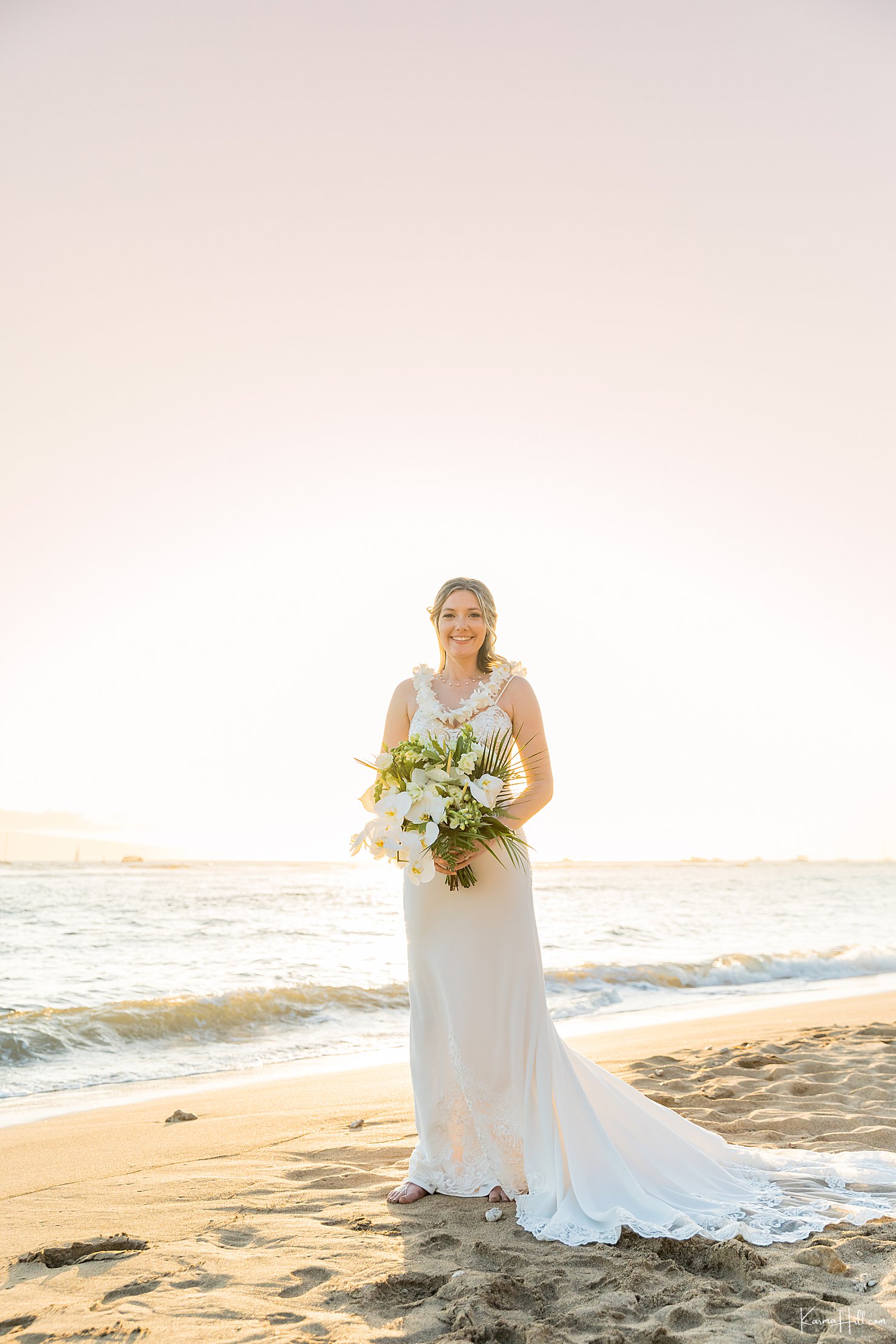 Bride and bouquet at Maui beach wedding
