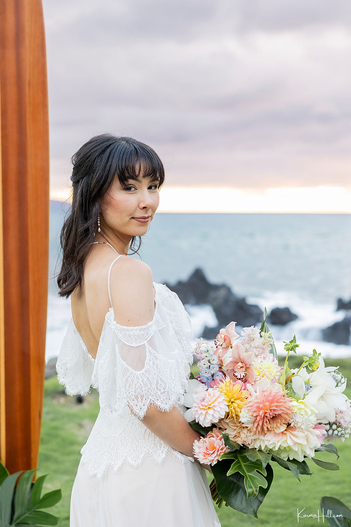 destination wedding bride with bouquet 